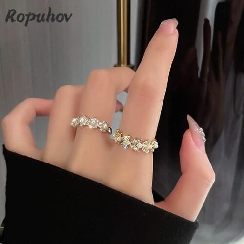 ROPUHOV 2021 New Korean Trendy Korean Pearl Diamond-encrusted Flower Opening Adjustable Ring Ins Niche Design Hand Jewelry Women
