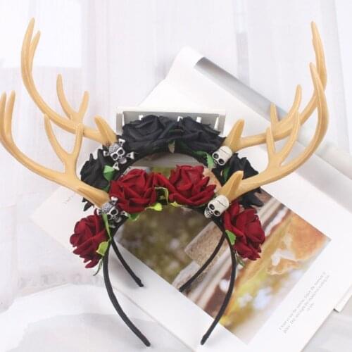 Women Antler Headdress Deer Horn Flower Skull Headband for Halloween Party Christmas Creative Gothic Hair Accessories
