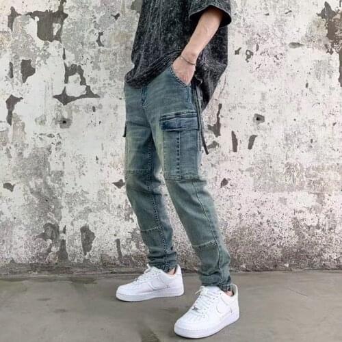 Original Washed Retro Pockets Jeans Pants Mens Streetwear Slim Stretch Denim Pencil Pants Hip Hop Harajuku Hip Hop Trousers