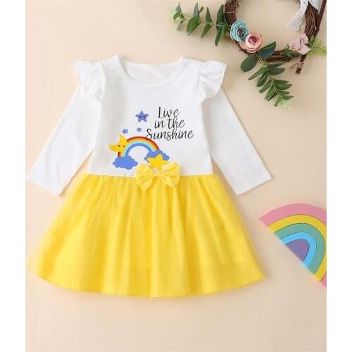 Baby Girl Dress Autumn Fashion Rainbow Letter Flying Sleeved Mesh Princess Dresses Kids Clothing