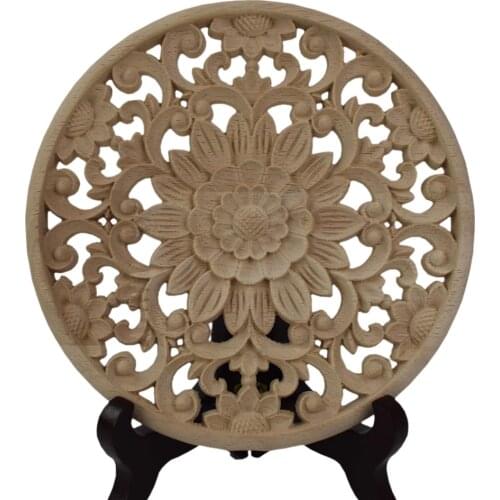 Carved Flower Carving Round Wood Appliques for Furniture Cabinet Unpainted Wooden Mouldings Decal Decorative Miniature Figurines