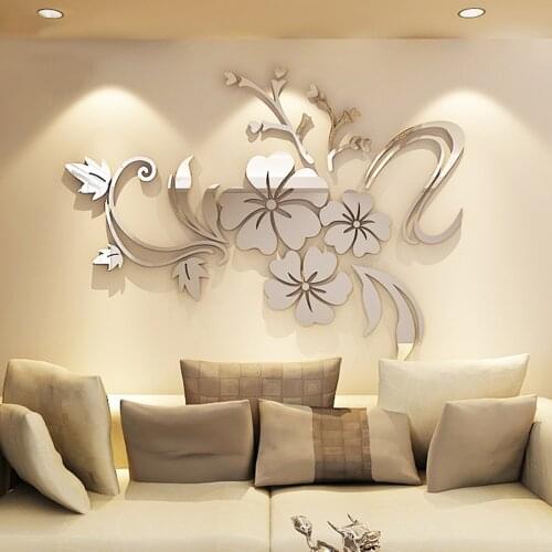 Romantic Flower Acrylic Wall Sticker for Living Room Decorative Mirror Stickers Wall Decals Home Decor