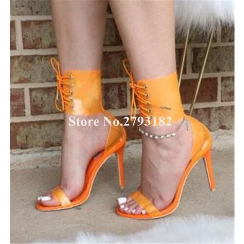 Summer New Fashion Women Open Toe PVC Stiletto Heel Gladiator Sandals Ankle Wrap Lace-up Transparent High Heel Sandals Heels