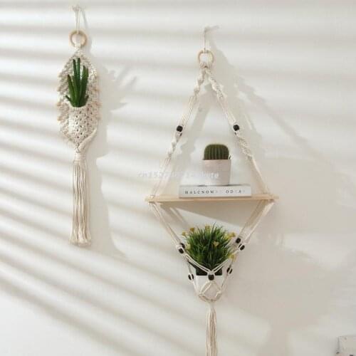 Nordic Style Macrame Plant Hanger Shelf with Wooden Square Plate Beads Woven Tassels Planter Rack Flower Pot Holder Tray