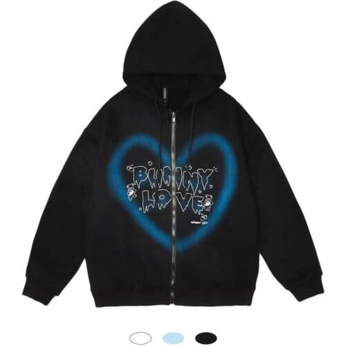 Harajuku Heart Letter Kawaii E-girl Anime Women Sweatshirts Y2k Zip-up Hoodie 2021 Autumn Graffiti Bear Print Punk Sweatshirt