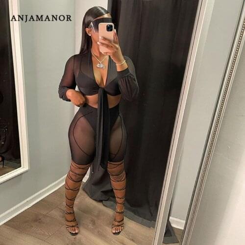 ANJAMANOR Sheer Mesh Long Sleeve 4 Piece Shorts Sets Sexy Club Outfits for Women Matching Sets Black White Wholesale D35-CE26