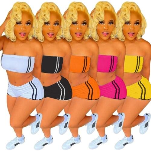 Casual Solid Striped Strapless Two Piece Sets Women 2021 Summer Tube Crop Top + Shorts Fashion Streewear Female Club Outfits