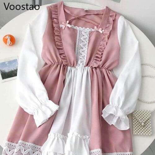 Spring Autumn Sweet Lolita Style Princess Dress Women Vintage Gothic Bow Lace Ruffles Party Dresses Girly Harajuku Y2K Dress