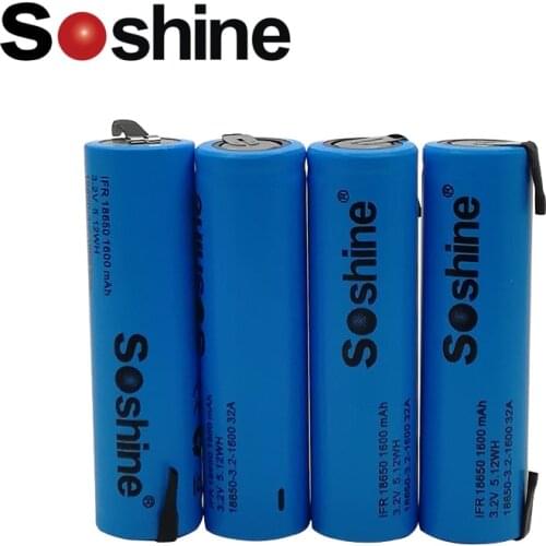 4pcs Soshine LiFePO4 18650 3.2V 1500mAh Rechargeable Battery with tab