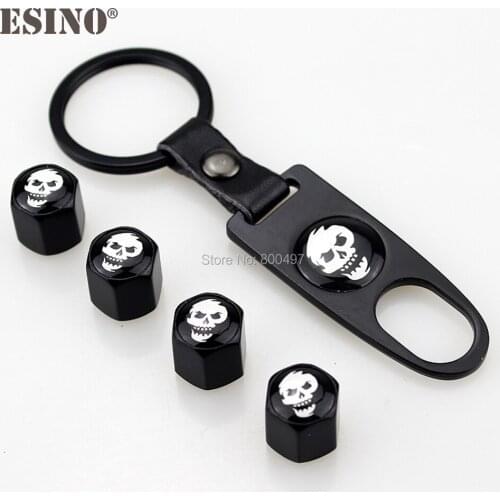 4 x Car Styling Stainless Steel Zinc Alloy Wheel Tire Valve Stems Caps Angry Skull Universal Fit With Mini Wrench Key Chain
