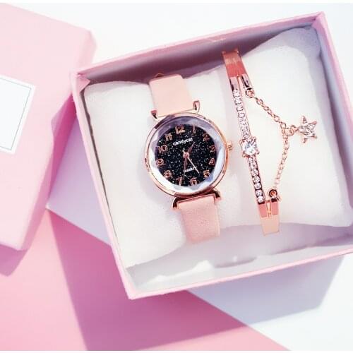 Montre dame 2020 Casual Women Watches Bracelet Set Starry Sky Ladies Bracelet Watch Leather Quartz Wrist Watch Clock