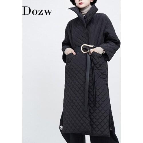 Fashion Black Argyle Long Parka 2020 Winter Streetwear Side Split Pockets Coat Turtleneck Long Sleeve Padded Jacket