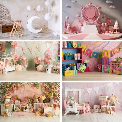 Laeacco Birthday Baby Shower Newborn Photophone Moon Stars Clouds Flowers Candy Child Portrait Photography Backdrops Backgrounds