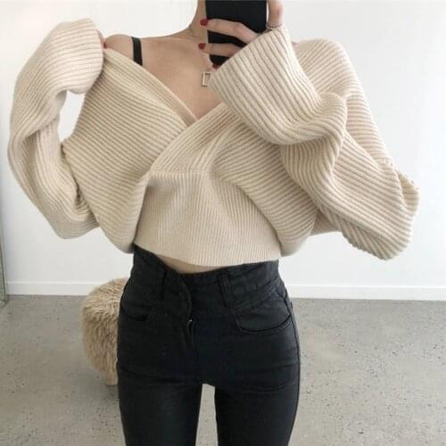 V Neck Crop Sweater Tricot Feminino Pullover Women Sueter Mujer Invierno 2020 Chic Enteritos Largos De Mujer Elegantes Autumn