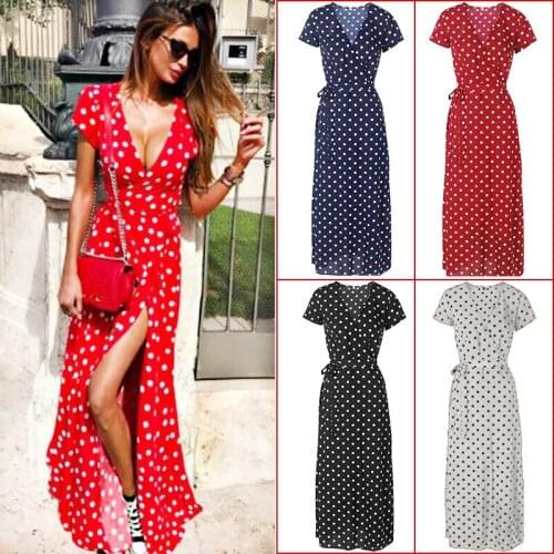 Summer Women Boho Dress 2021 Sexy V Neck Short Sleeve Beach Sundress Casual Dot Print Long Robe Vintage Party Dresses Plus Size