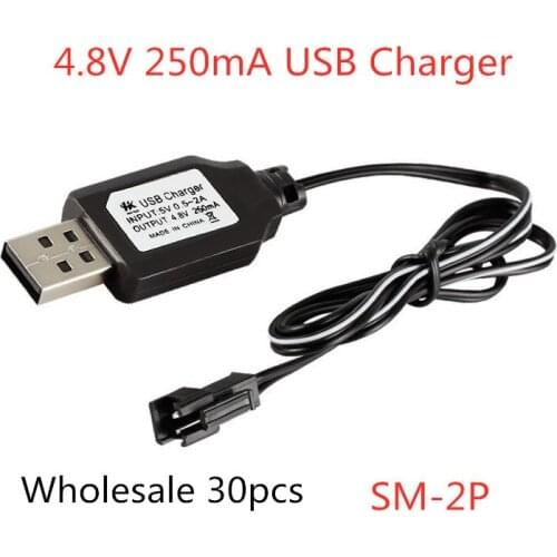Wholesale 30pcs Charging Cable USB Battery Charger Ni-Cd Ni-MH Batteries Pack SM-2P Plug Adapter 4.8V 250mA Output Toys Car