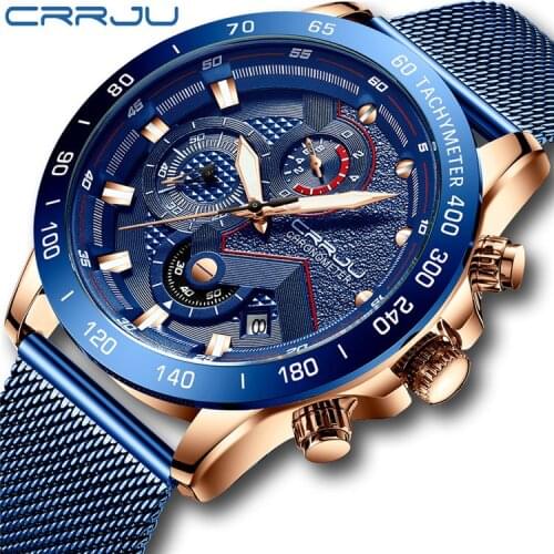 Relogio Masculino CRRJU Mens Quartz Watch, Blue Dial Watch, Sports Watch Mesh Watch, Mens Watch