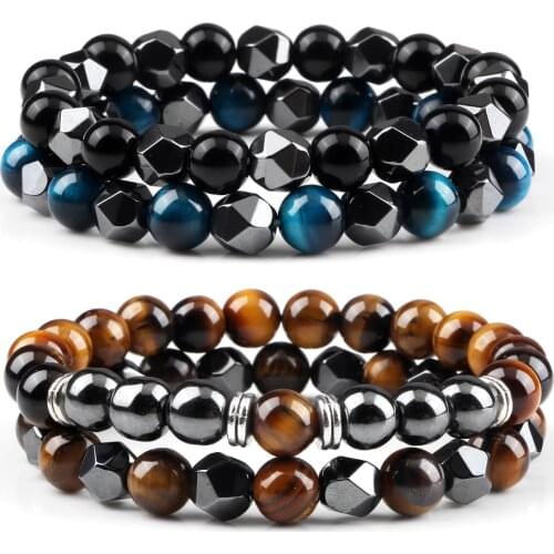 2Pcs/Set Luxurious Tiger Eye Stone Bracelet 8MM Irregular Hematite Spacer Bangles Jewelry Couple Strench Pulsera Gift for Friend