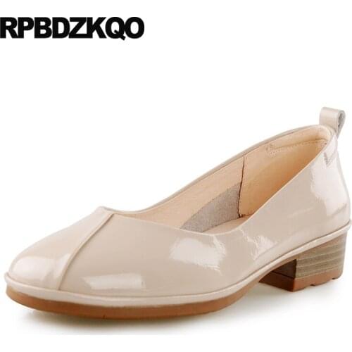 Thick Classic Closed Patent Leather Medium Heels Japanese 2018 Size 4 34 Dress Shoes Low Casual Pumps Ladies Nude Round Toe