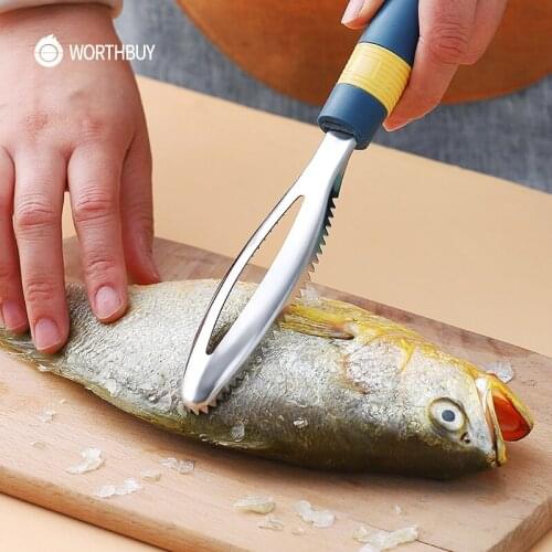 WORTHBUY Fish Scaler Remover Stainless Steel Fish Scraper Fish Scale Cleaner With Non-Slip Handle Kitchen Seafood Tools