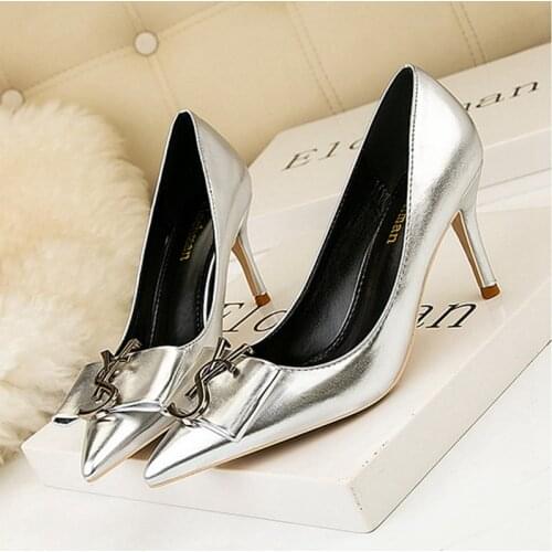 Bailamos 2021 HOT Elegant Metal Buckle Women Pumps Shoes Ladies Thin High Heel Pointed Toe Fashion Brand Dress Shoes Work Shoes