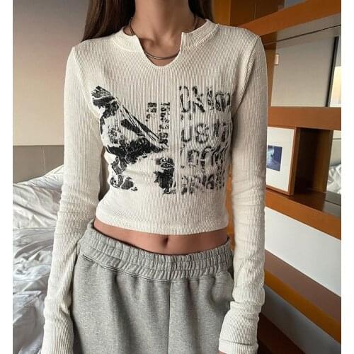 Vintage Letter Print Long Sleeve Crop Top Women Sexy Slim Knitted T Shirt Korean Style Chic Grunge Aesthetic Streetwear Gothic