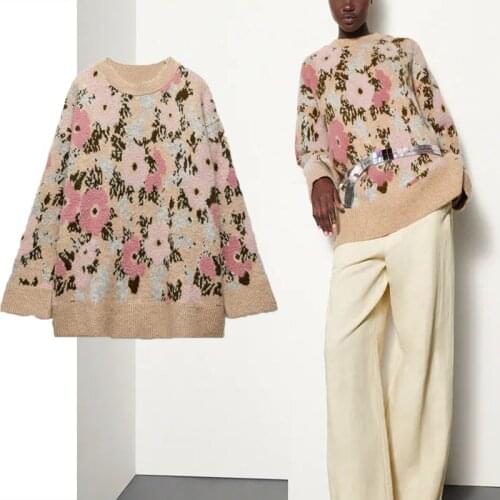 Za 2021 Floral Jacquard Oversize Knit Sweater Women Long Sleeve O Neck Loose Knitted Top Femal Vintage Plus Size Winter Pullover