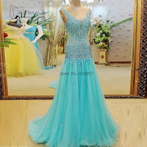Robe de Soiree 2017 Longue Long Dresses Evening Gowns Crystals Turquoise Prom Dresses V Neck Rhinestones Party Dress Formatura