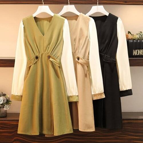 Plus Size Women Elegant A-Line Dress Autumn 2019 New V-neck Long Sleeve Patchwork Pleated High Waist Ladies Tunic Dresses M-5XL