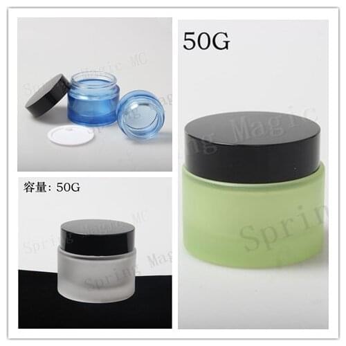 50PCS 50G Frosted/Green/Blue Glass Cream Jar With Black Lid Empty Cosmetic Containe Eye Cream Bottles Skin Care Package Case