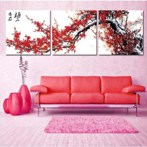 Diy 5d Diamond mosaic Triptych Red Plum Blossom Flower Photo diamond painting full square round Diamond Embroidery sale N1035