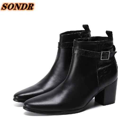 New Men Genuine Leather Military Boots Man Buckle Strap Black High Heels Boots Winter Warm Pointed Toe Fashion Prints Boots Men