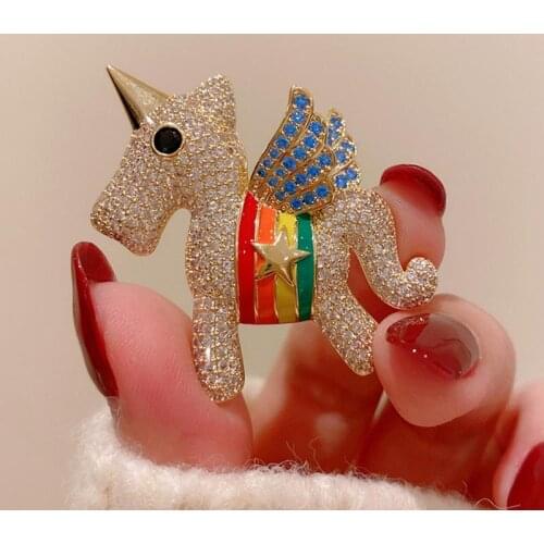 High Quality Gold Plated Cubic Zirconia Brooches on Clothes 2021 New Fashion Cute Korea Style Enamel Unicorn Brooch For Girls