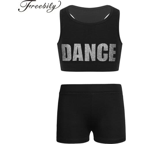 Kids Girls Ballet Dance Clothes Sport Dance Gymnastics Costume Set Letter Printed Crop Top With Shorts Bottoms Stage Dancewear