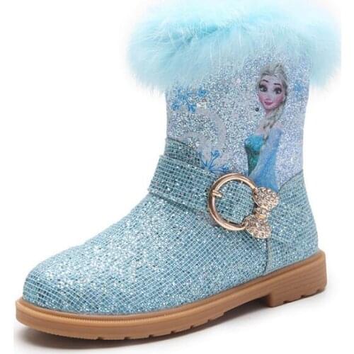 Disney Winter Girls Boots Students Velvet Elsa Princess Leather Boots Crystal Little Big Kids Warm Shoes Children Snow Boots