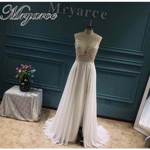 Mryarce Exclusive lace Beading Flowing Chiffon Side Split Wedding Dress Open Back Bridal Gowns