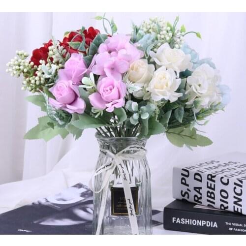 Rose Artificial Flowers High Quality leaf Hybrid Bouquet Silk Fake Flower Christmas Decoration DIY Home Garden Wedding Crafts