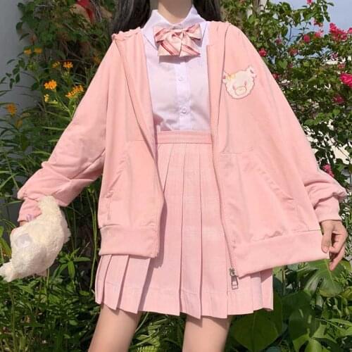 Kawaii Pink Cartoon Print Cardigan Hoodie Preppy Style Oversized Long Sleeve Sweatshirt Korean Fashion Women Clothing Tops 2021