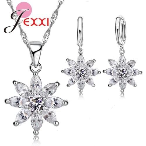 Top Quality Romantic Flower Pendant Necklace+Earrings Set 925 Sterling Silver Clear Cubic Zircon Jewelry Set Wholesale