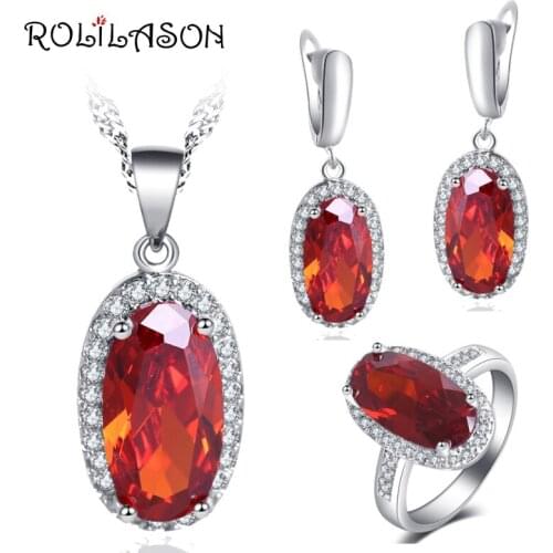 ROLILASON Romantic Cute Red Zircon Oval shape Set For girl Earrings Necklace Rings Jewelry Sets JS759