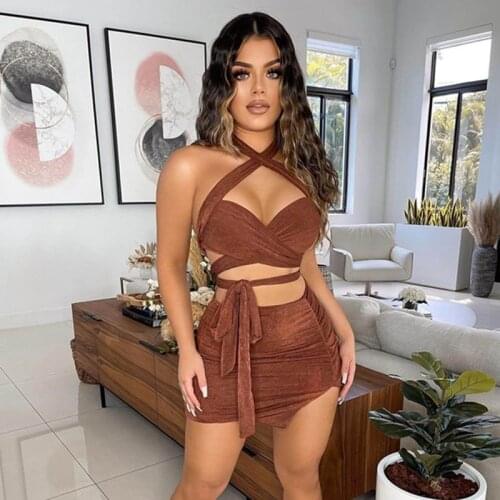 Party Sexy Two Piece Skirt Set Women Nightclub Halter Top and Ruched Split Skirt Set Streetwear Black Bandage Co Ord Set Women