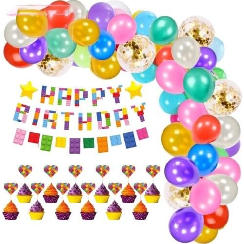 Building Blocks Theme Balloon Flag Cake Topper Birthday Party Supplies Block Birthday Party Decoration Baby Shower for Kids Toy