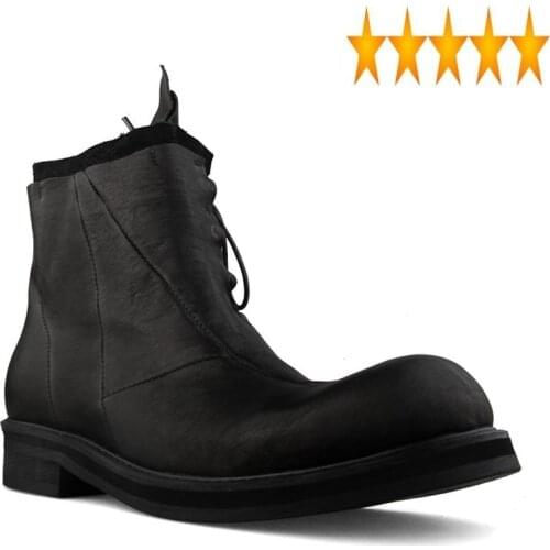 Skin Luxuy Horse Top Brand Real Leather Irregular Spliced Mens Short Huarajuku Retro Lace Up Round Toe Thick Bottom Boots