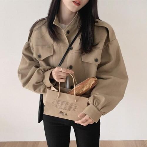 Women Jacket Solid Long Sleeve Short Coats Outerwear Girl Autumn Korean Fashion Pocket Top Coat Button Crop Jackets Streetwear