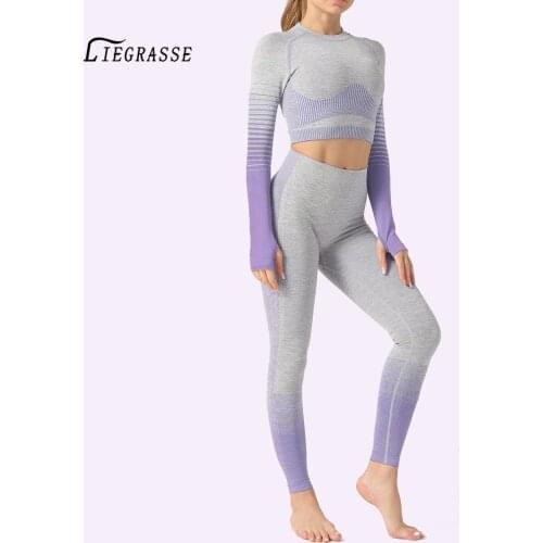 Liegrasse Ribbed Seamless Yoga Set Sport Suit Workout Clothes for Women Long Sleeve Gym Crop Top High Waist Leggings Fitness Set