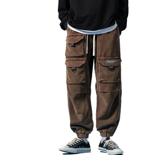 2021 New Fashion Mens Oversized Hip Hop Joggers Autumn Winter Corduroy Cargo Pants With Multi Pockets Harajuku Trousers