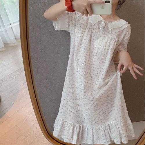 Cherry Print Soft Womens Nightdress Summer Korean Loose Cotton Nightgown & Sleepstirts Lovely Floral Thin Home Wear Sleepwear