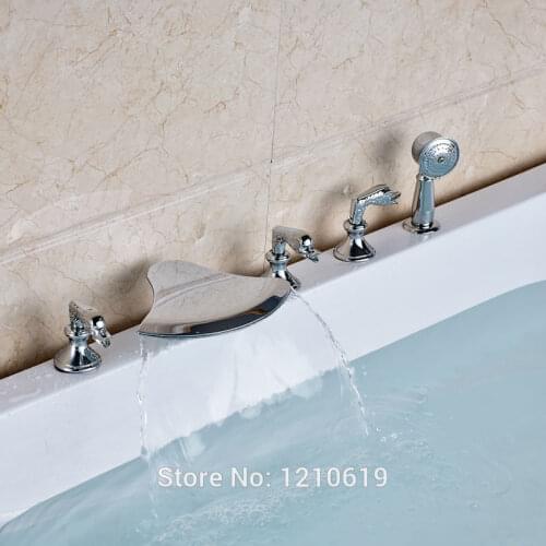 Newly Modern Style Bathtub Faucet w/ Handheld Shower Deck Mount Chrome Tub Mixer Tap Three Handles