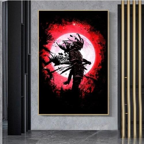 Japanese Ghost Samurai Under Moon Canvas Painting Posters and Prints Modern Wall Art Pictures for Living Room Decoration