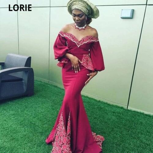 LORIE Aso Ebi Dark Red Prom Dresses Sexy Off Shoulder Long Sleeves Mermaid Evening Gown Lace Appliques Women Formal Party Dress